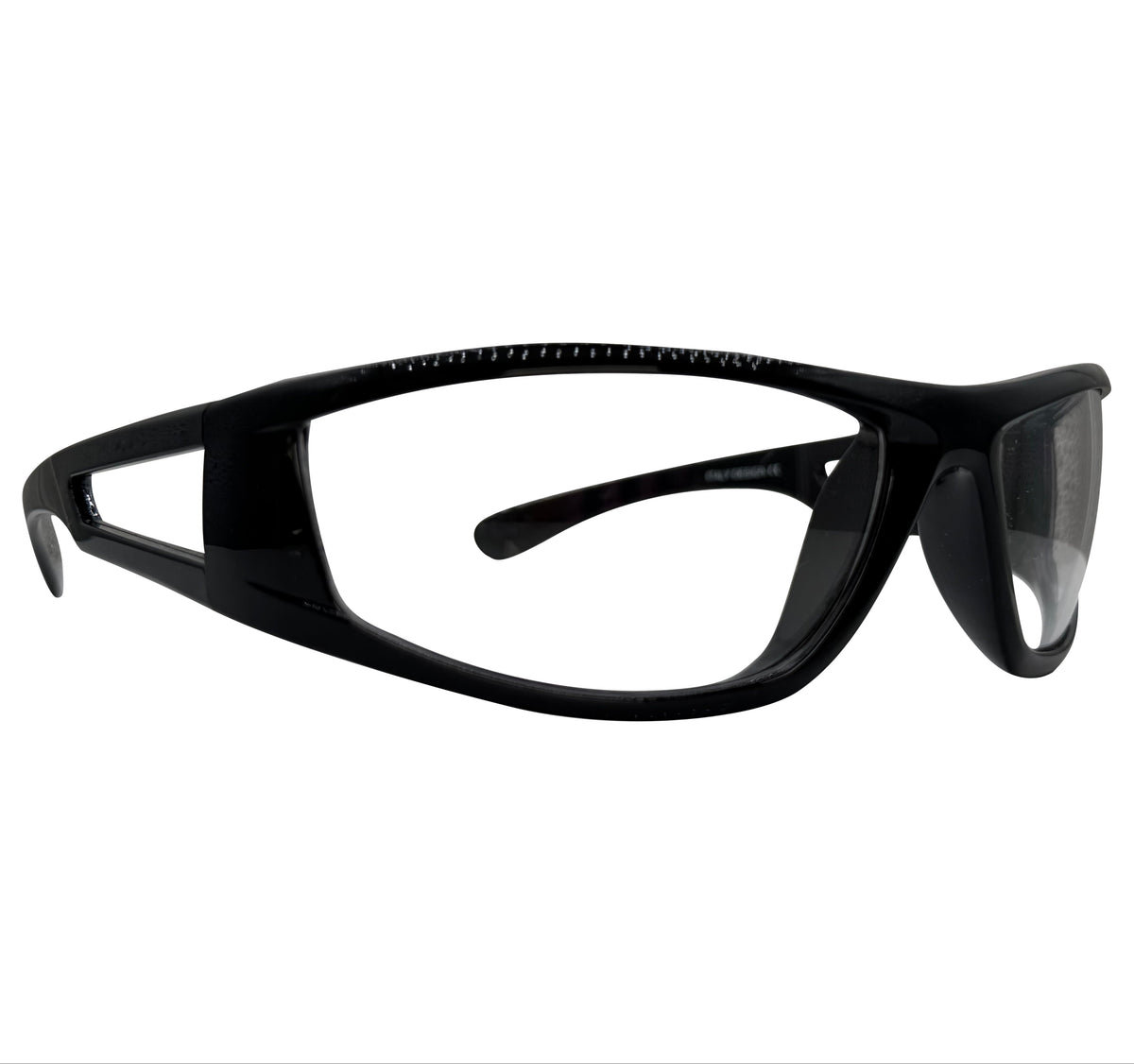 Black wrap-around sports eyeglasses with a glossy frame and dark tinted lenses, shown from a side profile on a white background.
