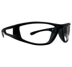 Black wrap-around sports eyeglasses with a glossy frame and dark tinted lenses, shown from a side profile on a white background.