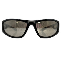 Black wrap-around sunglasses with tinted lenses, shown from the front on a plain white background.