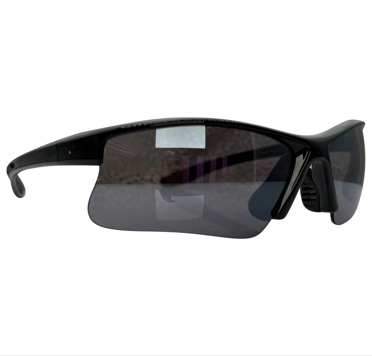 Black wrap-around sunglasses with dark tinted lenses, shown from a side profile on a plain white background.
