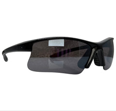 Black wrap-around sunglasses with dark tinted lenses, shown from a side profile on a plain white background.