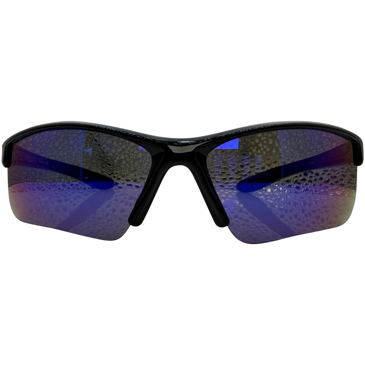 Black wrap-around sunglasses with blue-purple mirrored lenses, shown against a plain white background.