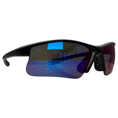 Black wrap-around sunglasses with a blue-to-purple mirrored lens, shown from a three-quarters angle on a white background.