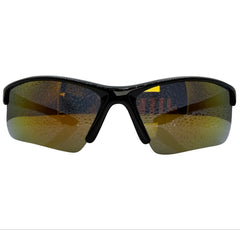 Black wrap-around sunglasses with mirrored gold and amber lenses, shown against a plain white background.