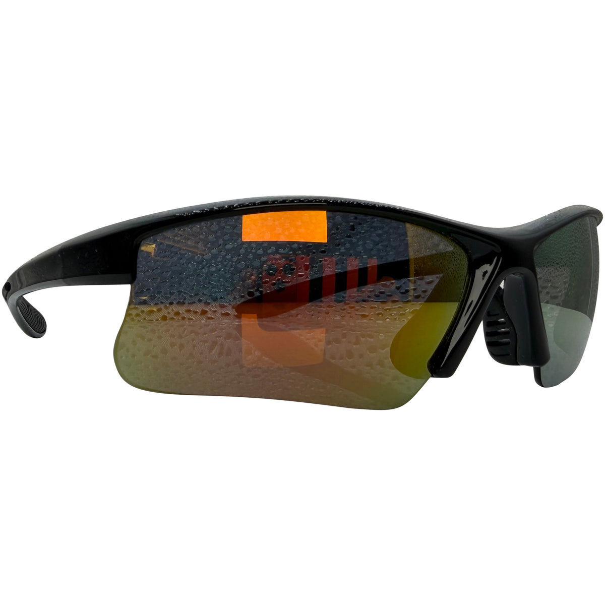Black wrap-around sunglasses with a textured orange-tinted lens and a small orange reflective accent on the upper frame, shown against a plain white background.