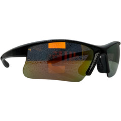 Black wrap-around sunglasses with a textured orange-tinted lens and a small orange reflective accent on the upper frame, shown against a plain white background.