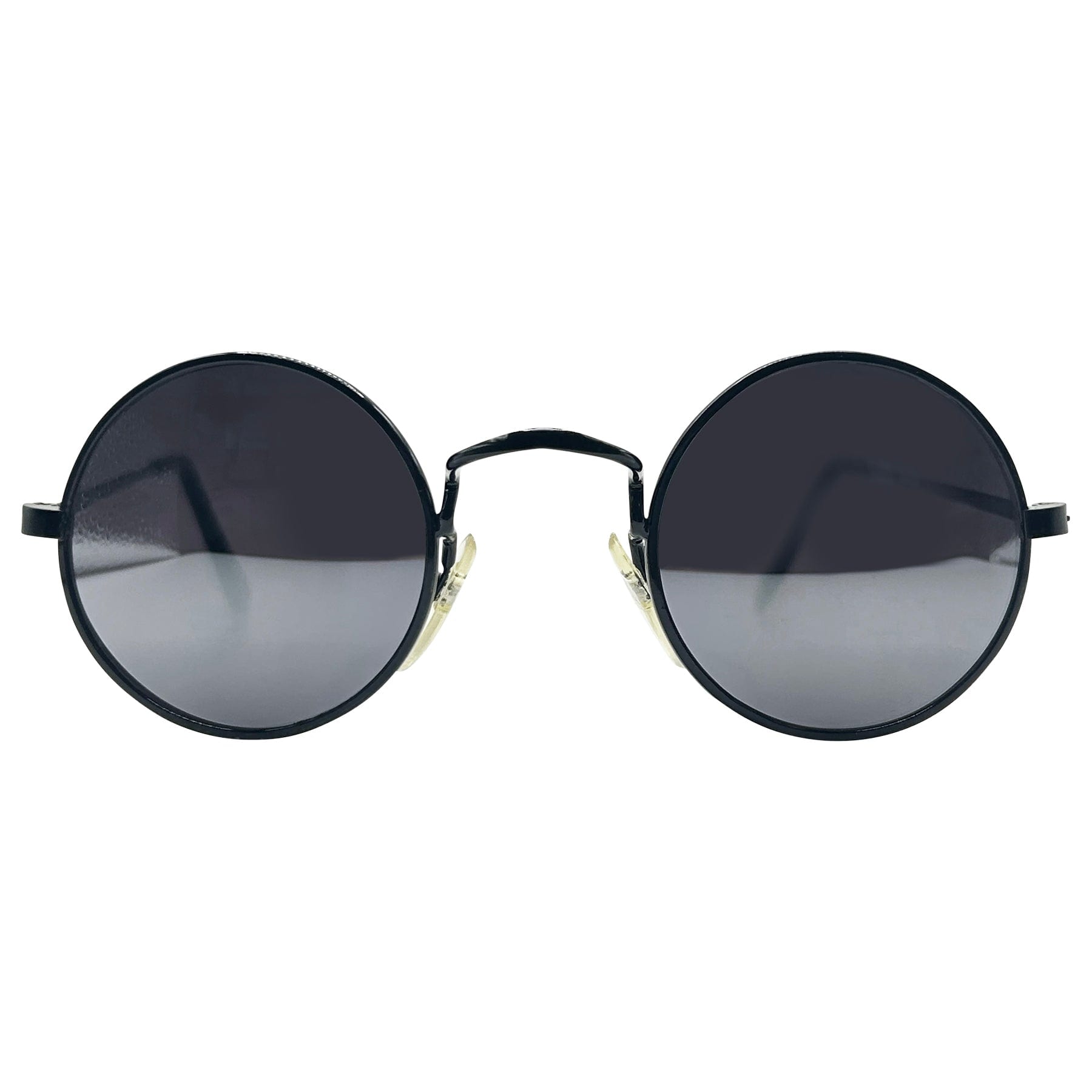 round 90s sunglasses with a black frame and super dark lens