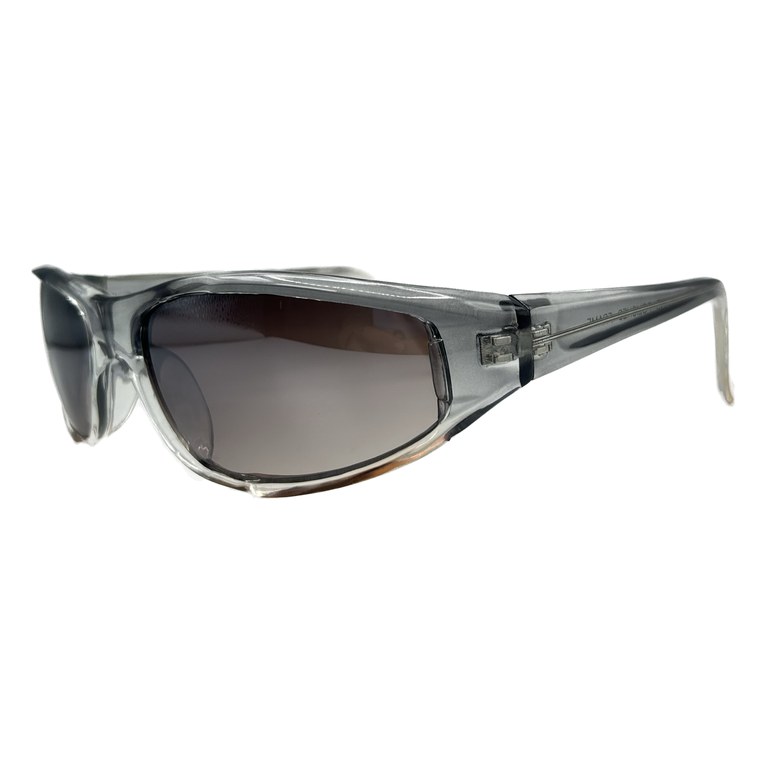orange and gray colored sunglasses with a sporty wraparound style frame