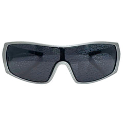 Modern front view of the Grey RUNNER shield sunglasses with a sleek matte gunmetal grey frame, showcasing a sharp, industrial silhouette and wide wrap-around shield lenses.