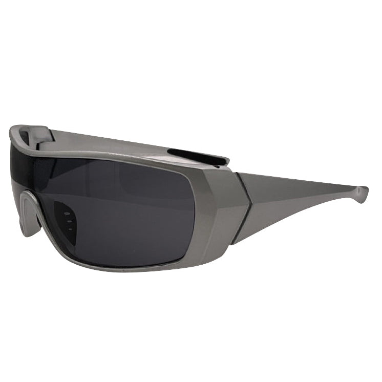Modern RUNNER shield sunglasses with a sleek matte gunmetal grey frame, showcasing a sharp, industrial silhouette and wide wrap-around shield lenses.
