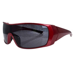 Modern side view of Red RUNNER shield sunglasses with a sleek matte gunmetal grey frame, showcasing a sharp, industrial silhouette and wide wrap-around shield lenses.