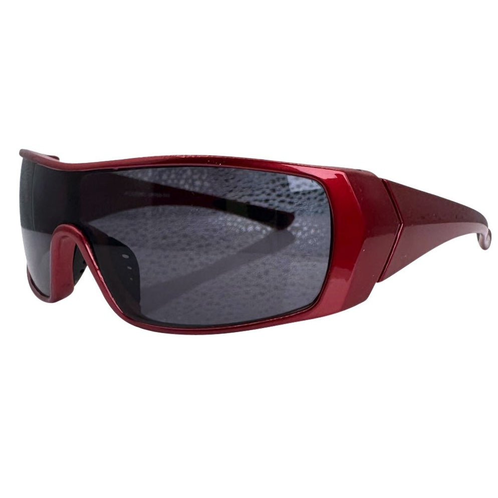 Modern side view of Red RUNNER shield sunglasses with a sleek matte gunmetal grey frame, showcasing a sharp, industrial silhouette and wide wrap-around shield lenses.