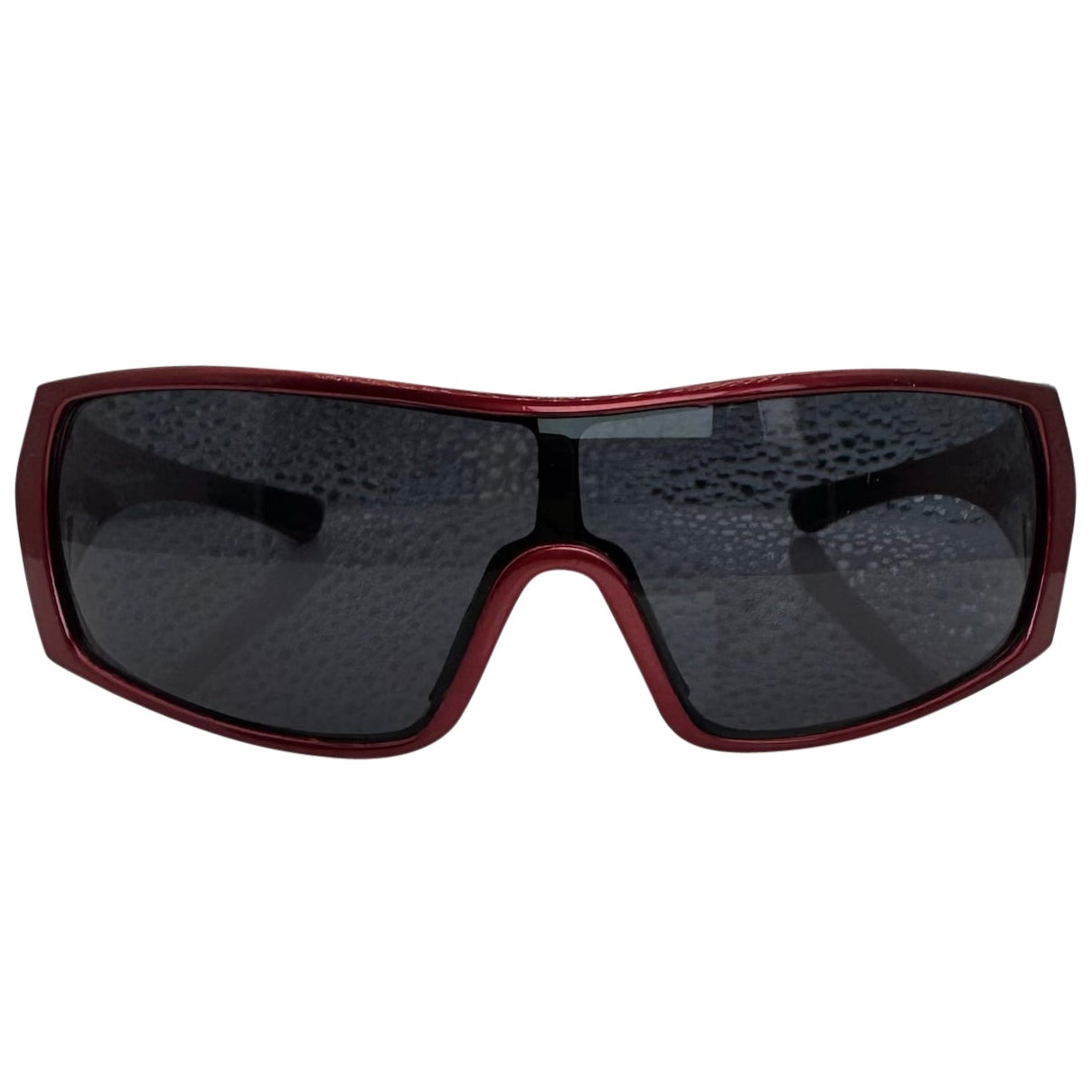Modern front of Red RUNNER shield sunglasses with a sleek matte gunmetal grey frame, showcasing a sharp, industrial silhouette and wide wrap-around shield lenses.