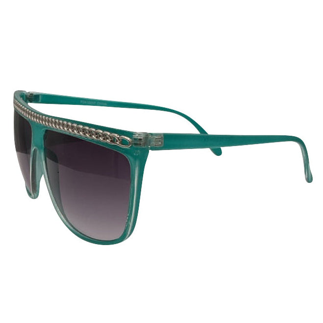 Side view of SCANDAL sunglasses featuring a vibrant teal-green flat-top frame with a silver chain-link inlay across the brow and dark gradient lenses.