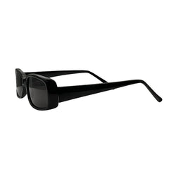 A profile view of the black rectangular sunglasses showcasing the wide, sturdy temples and seamless hinge design. The side perspective emphasizes the uniform thickness of the frame and the sleek, wrap-around contour of the dark lenses.