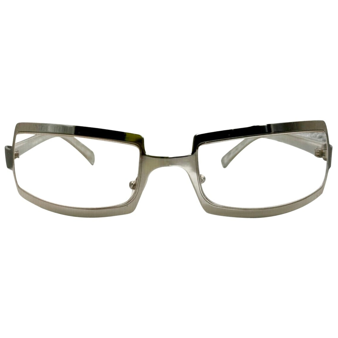 Front view of SHIMMER glasses featuring a high-shine silver metal frame with a unique cutout brow design and clear lenses for a futuristic Y2K look.