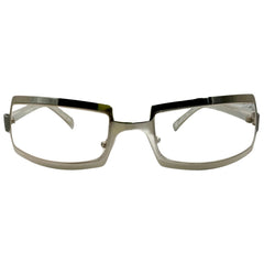 Front view of SHIMMER glasses featuring a high-shine silver metal frame with a unique cutout brow design and clear lenses for a futuristic Y2K look.