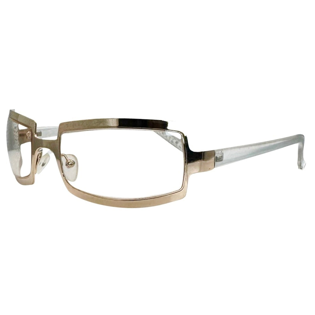 Side view of Gold SHIMMER glasses featuring a high-shine silver metal frame with a unique cutout brow design and clear lenses for a futuristic Y2K look.