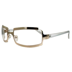 Side view of Gold SHIMMER glasses featuring a high-shine silver metal frame with a unique cutout brow design and clear lenses for a futuristic Y2K look.