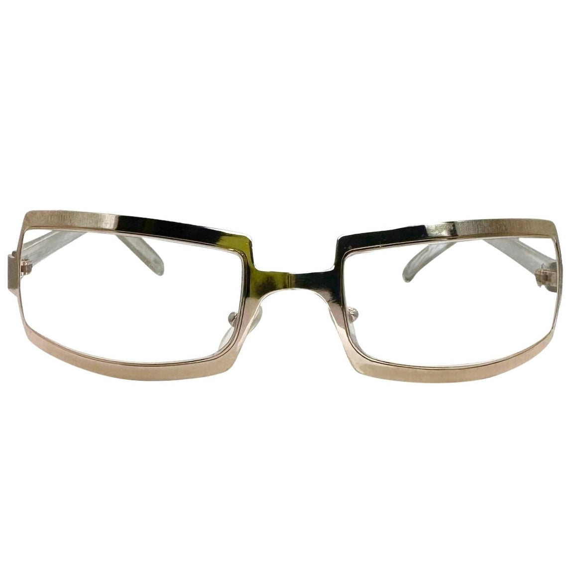 Front view of Gold SHIMMER glasses featuring a high-shine silver metal frame with a unique cutout brow design and clear lenses for a futuristic Y2K look.