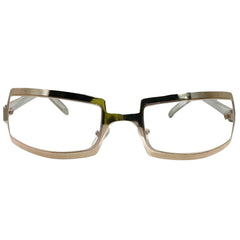 Front view of Gold SHIMMER glasses featuring a high-shine silver metal frame with a unique cutout brow design and clear lenses for a futuristic Y2K look.