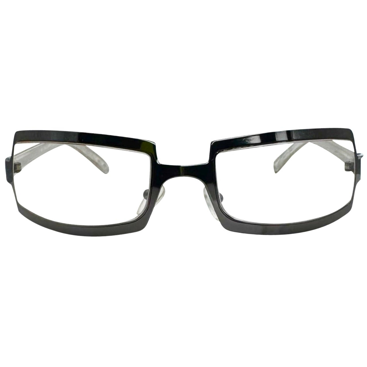 Front view of Black SHIMMER glasses featuring a high-shine silver metal frame with a unique cutout brow design and clear lenses for a futuristic Y2K look.