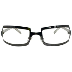 Front view of Black SHIMMER glasses featuring a high-shine silver metal frame with a unique cutout brow design and clear lenses for a futuristic Y2K look.