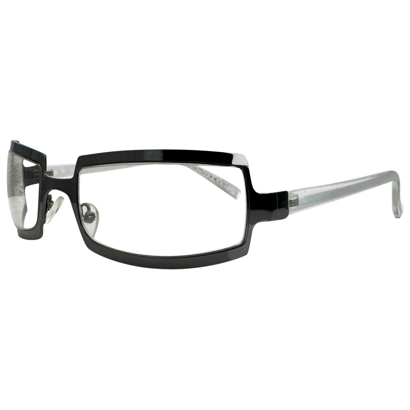 Side view of Black SHIMMER glasses featuring a high-shine silver metal frame with a unique cutout brow design and clear lenses for a futuristic Y2K look.