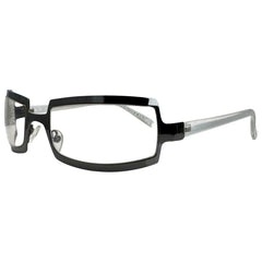 Side view of Black SHIMMER glasses featuring a high-shine silver metal frame with a unique cutout brow design and clear lenses for a futuristic Y2K look.