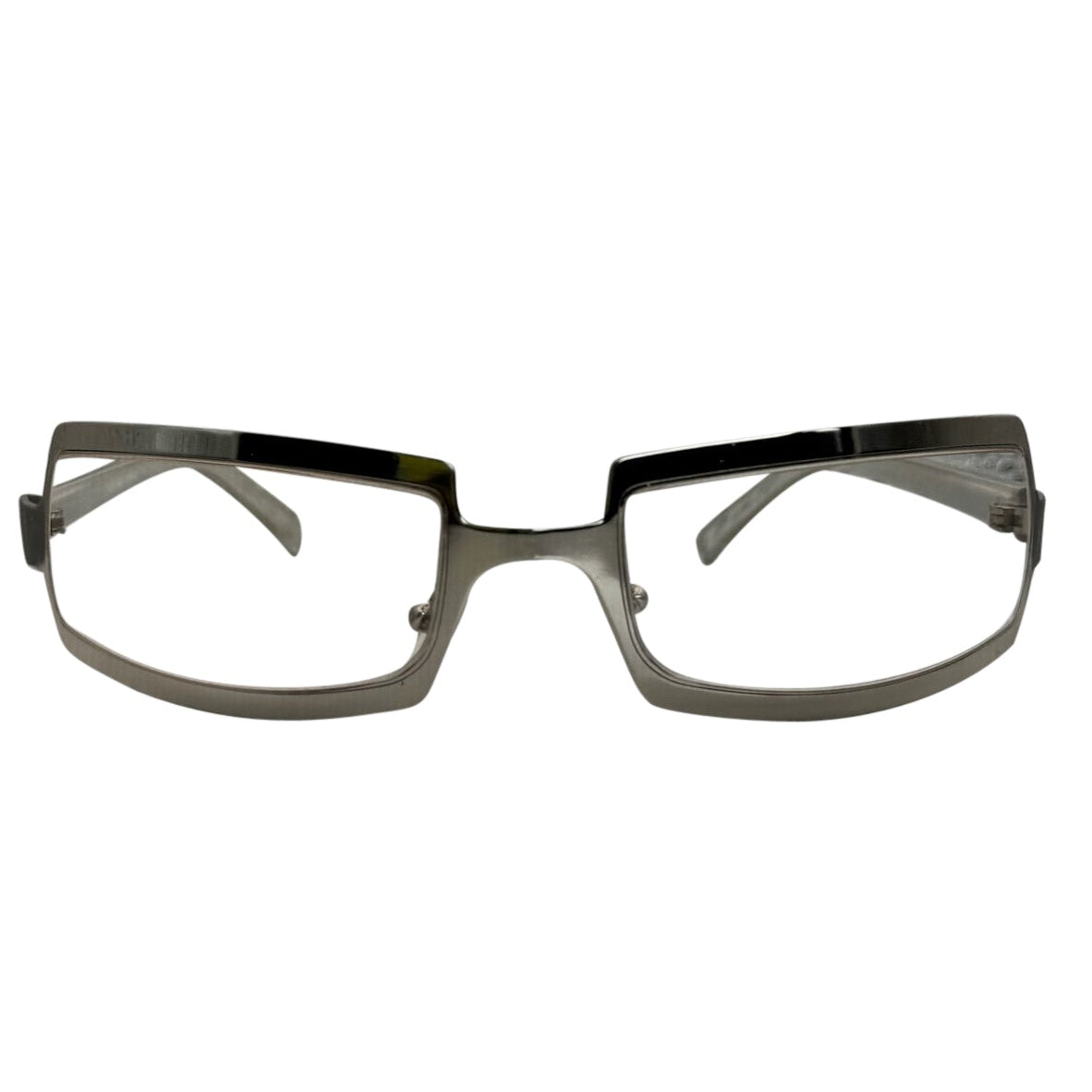 Front view of SHIMMER glasses featuring a high-shine silver metal frame with a unique cutout brow design and clear lenses for a futuristic Y2K look.