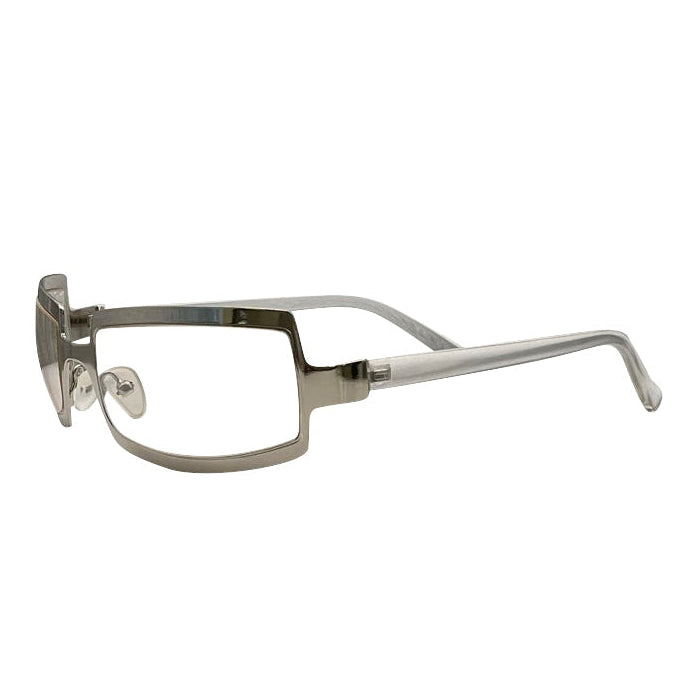 Side view of SHIMMER glasses featuring a high-shine silver metal frame with a unique cutout brow design and clear lenses for a futuristic Y2K look.