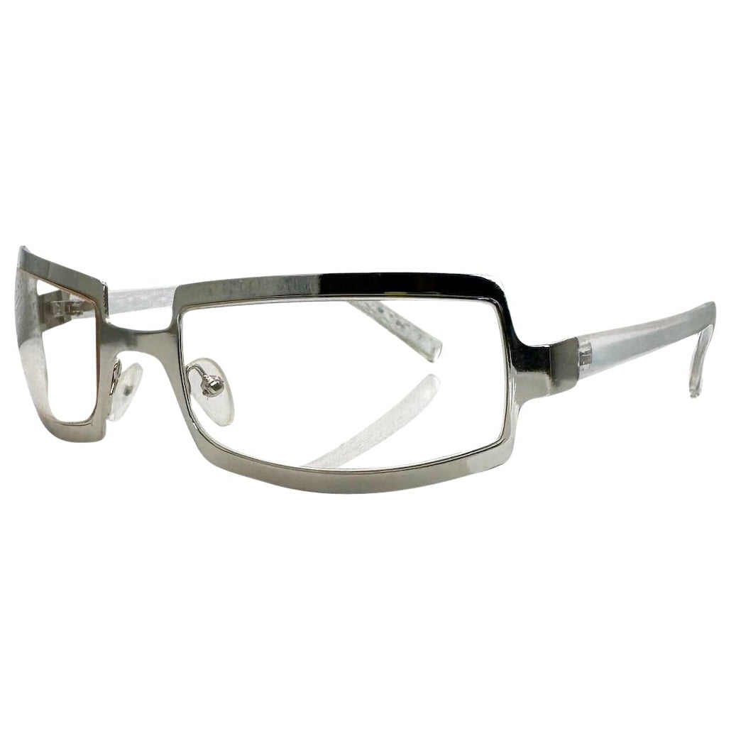 Side view of SHIMMER glasses featuring a high-shine silver metal frame with a unique cutout brow design and clear lenses for a futuristic Y2K look.