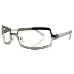 Side view of SHIMMER glasses featuring a high-shine silver metal frame with a unique cutout brow design and clear lenses for a futuristic Y2K look.