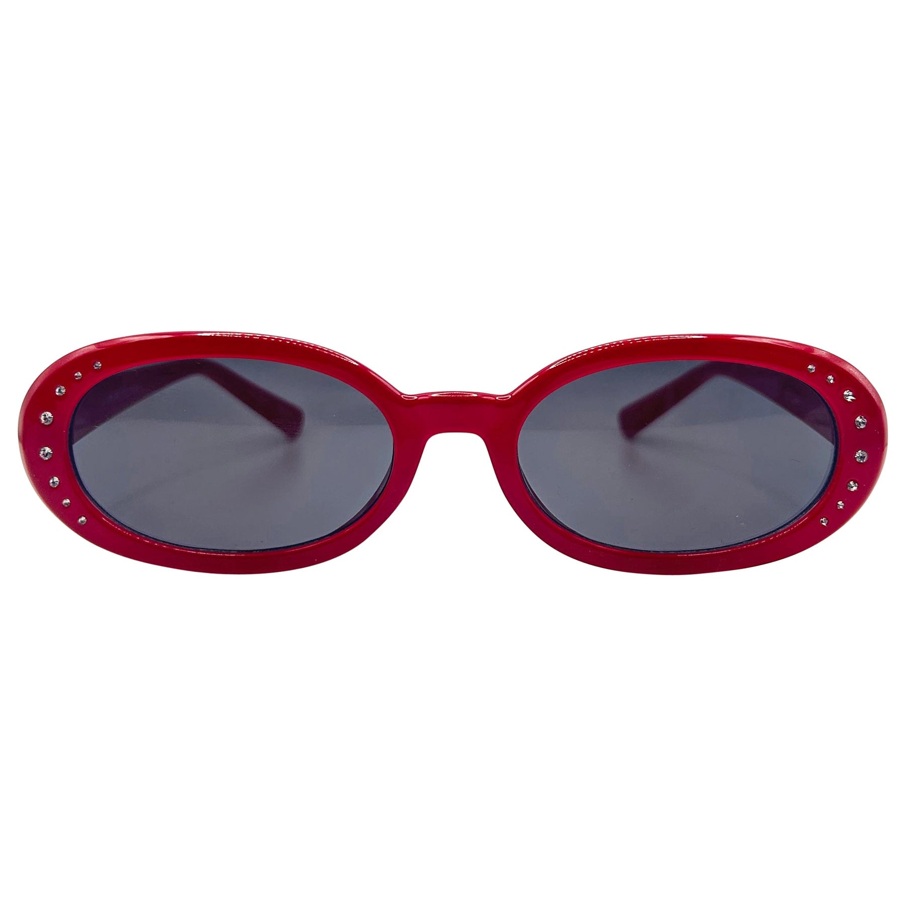 90s style red sunglasses with rhinestones and a rounded oval shape 