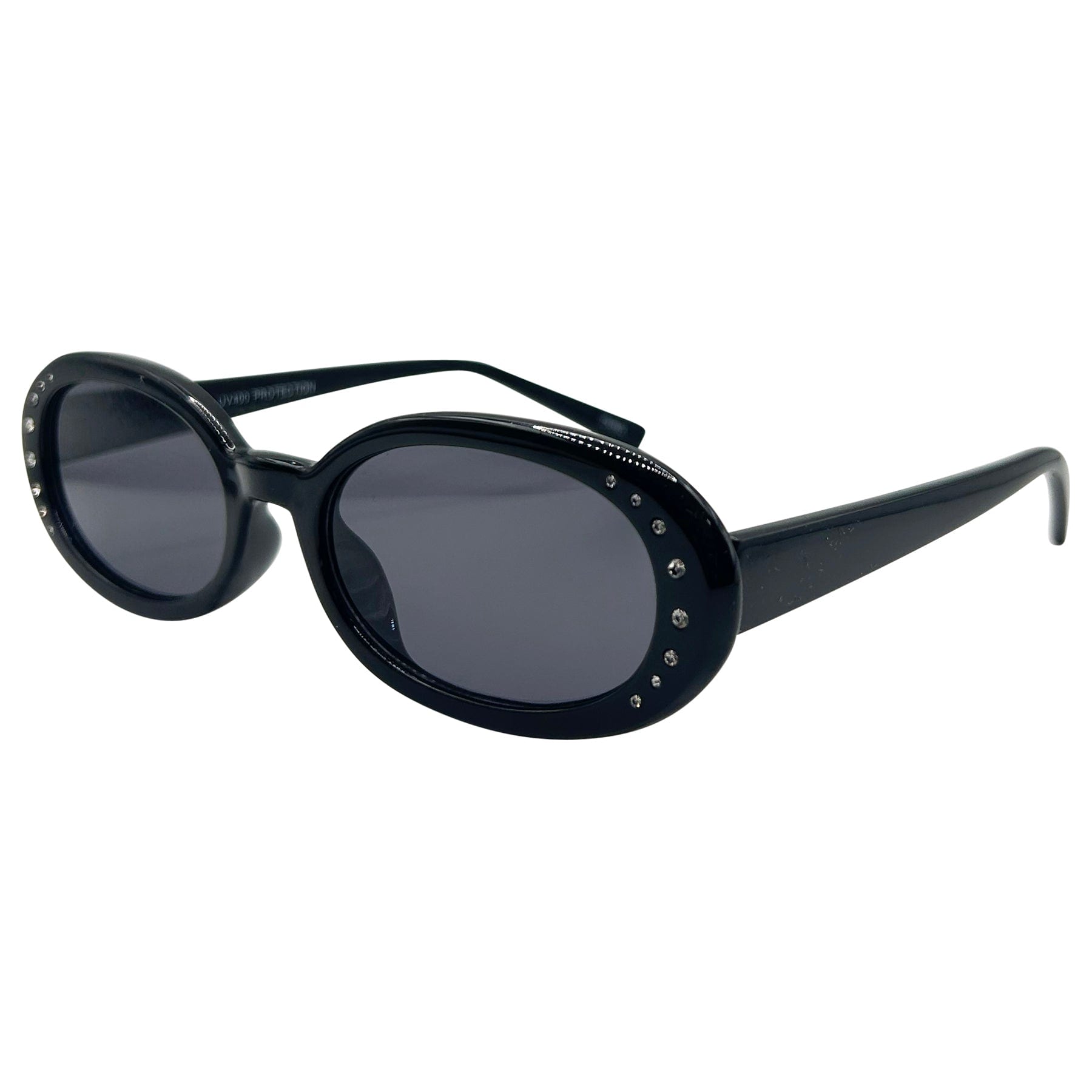 90s oval sunglasses style frame with rhinestones and a gloss black finish