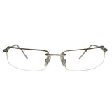 A front-facing view of silver semi-rimless Bayonetta-style glasses featuring slim rectangular lenses and a minimalist metal bridge. The design highlights a sleek top-frame bar that tapers into delicate temples, embodying a modern "office siren" aesthetic.