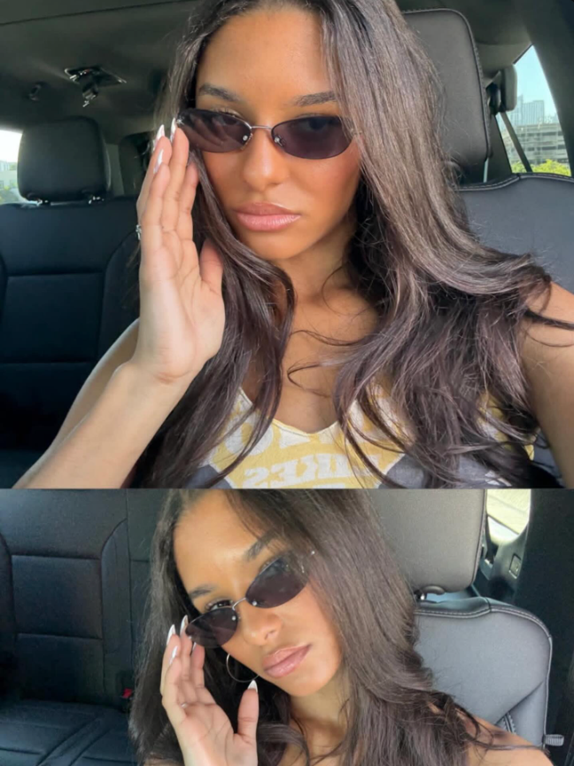 Two images of a woman in a car wearing sunglasses, one with a close-up of her face and the other with a wider view.