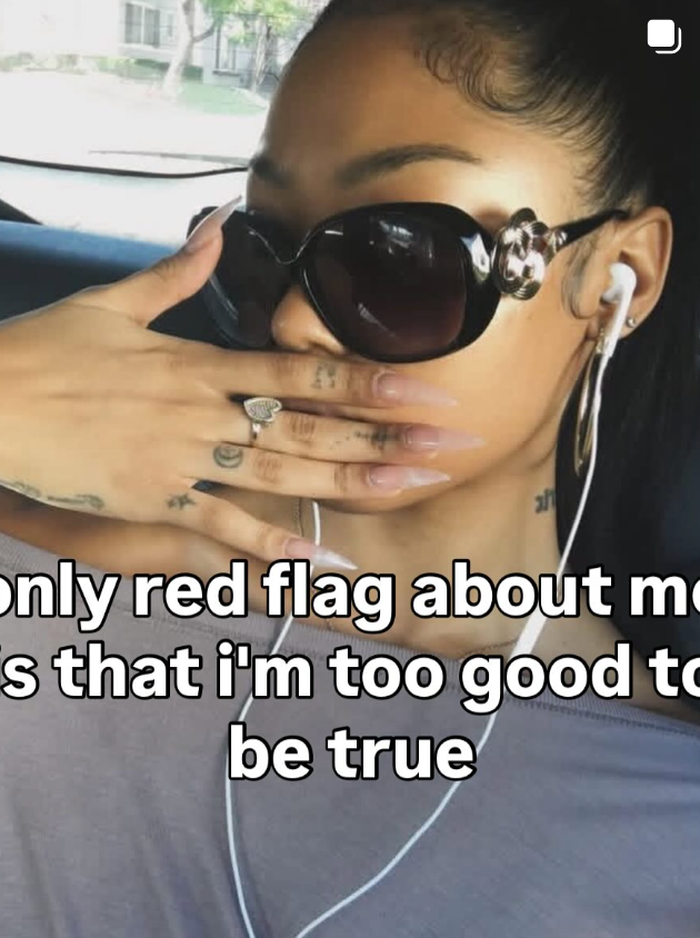 Person wearing sunglasses and earphones with text overlay in a car.