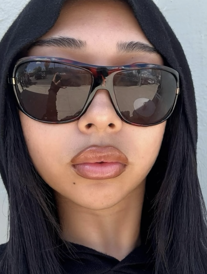 Person wearing dark sunglasses and a black hijab against a neutral background