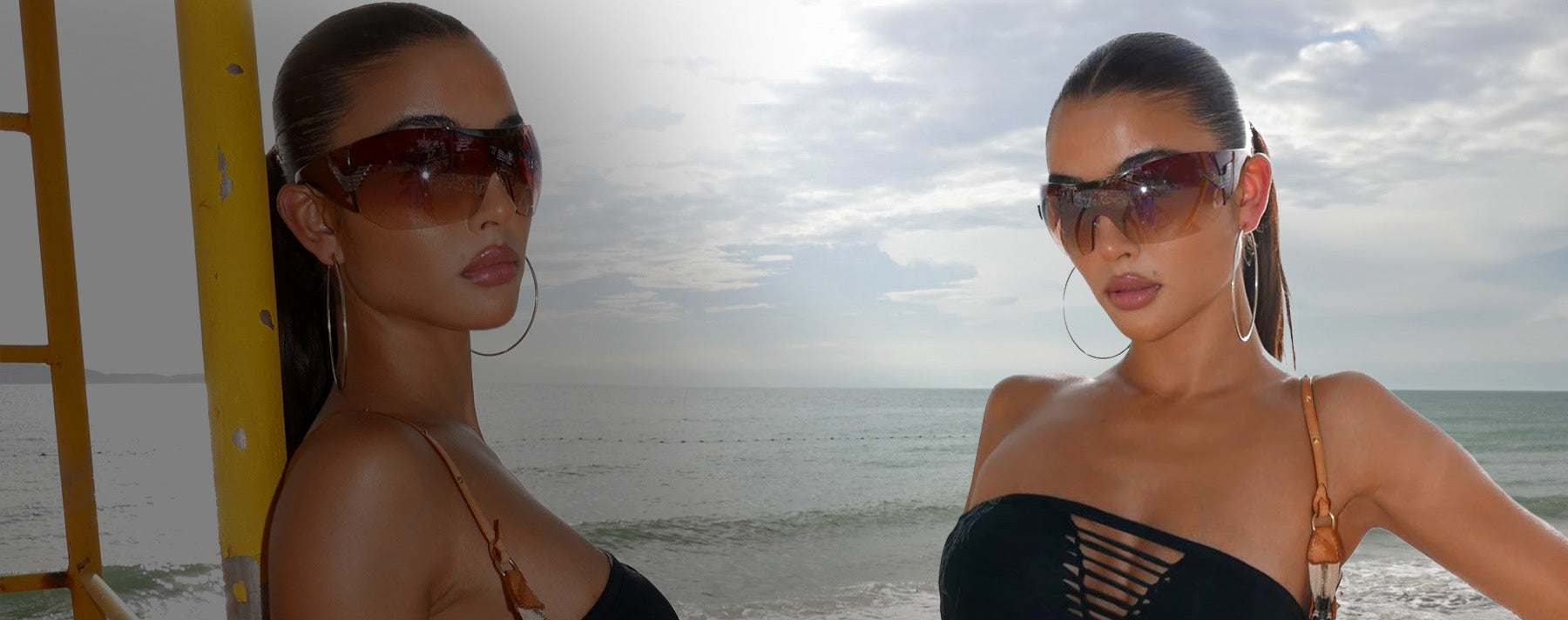 Model wearing an oversized Y2K shield sunglasses on the beach