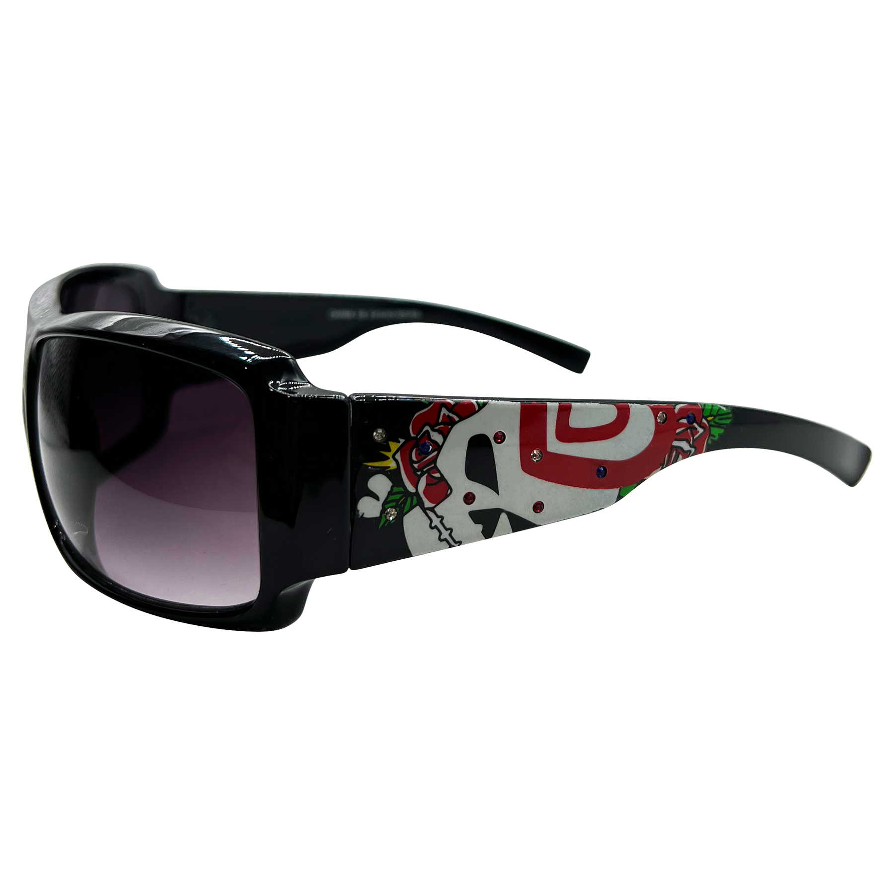 TATTED BEDAZZLED Sporty Y2K Tattoo Art Sunglasses: Black/Smoke Heart Skull