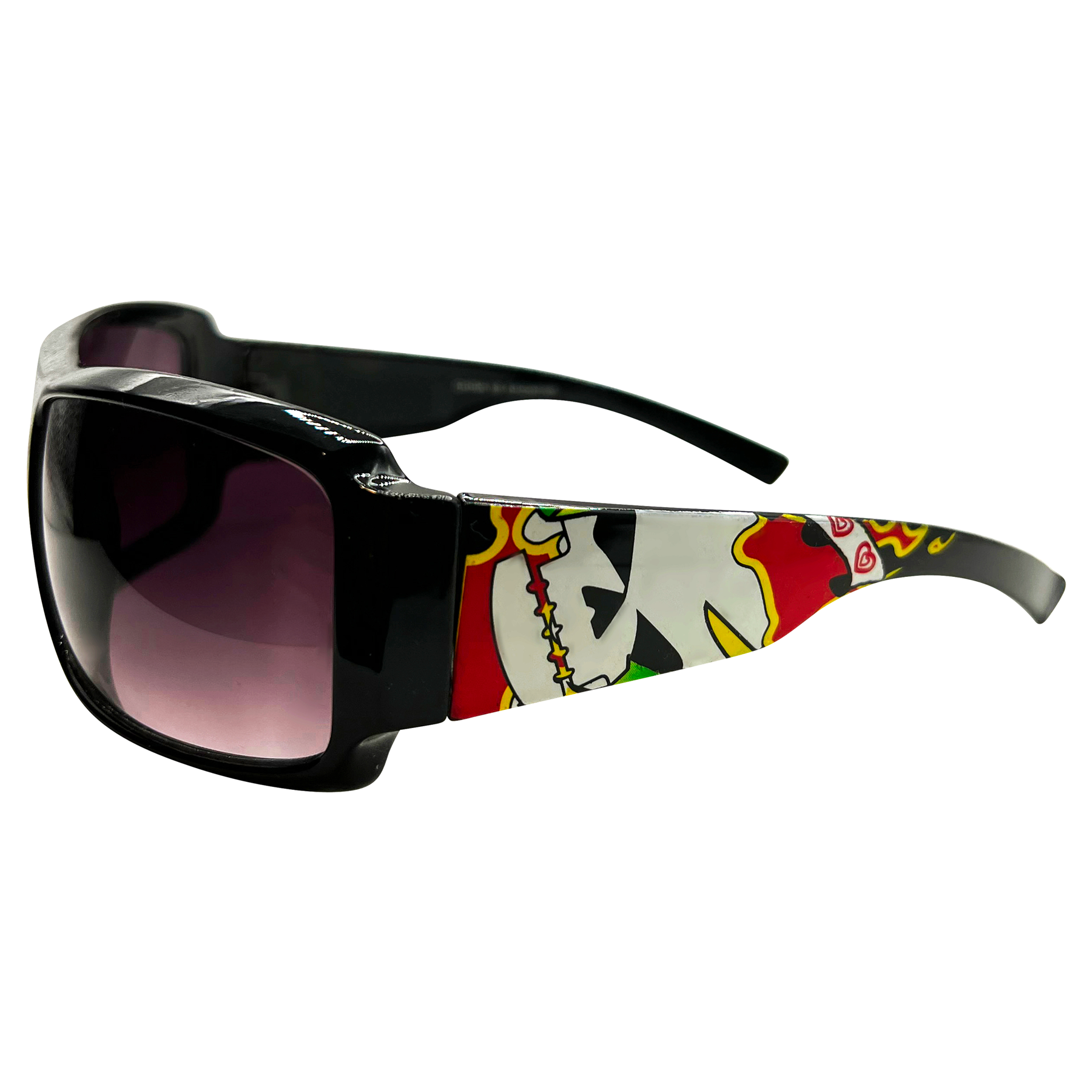 TATTED Sporty Y2K Tattoo Art Sunglasses: Black/Smoke Flame Skull