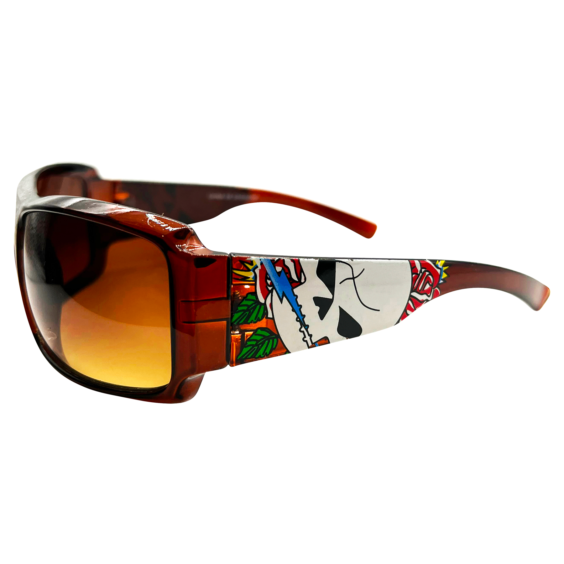 TATTED Sporty Y2K Tattoo Art Sunglasses: Brown/Amber Torch Skull