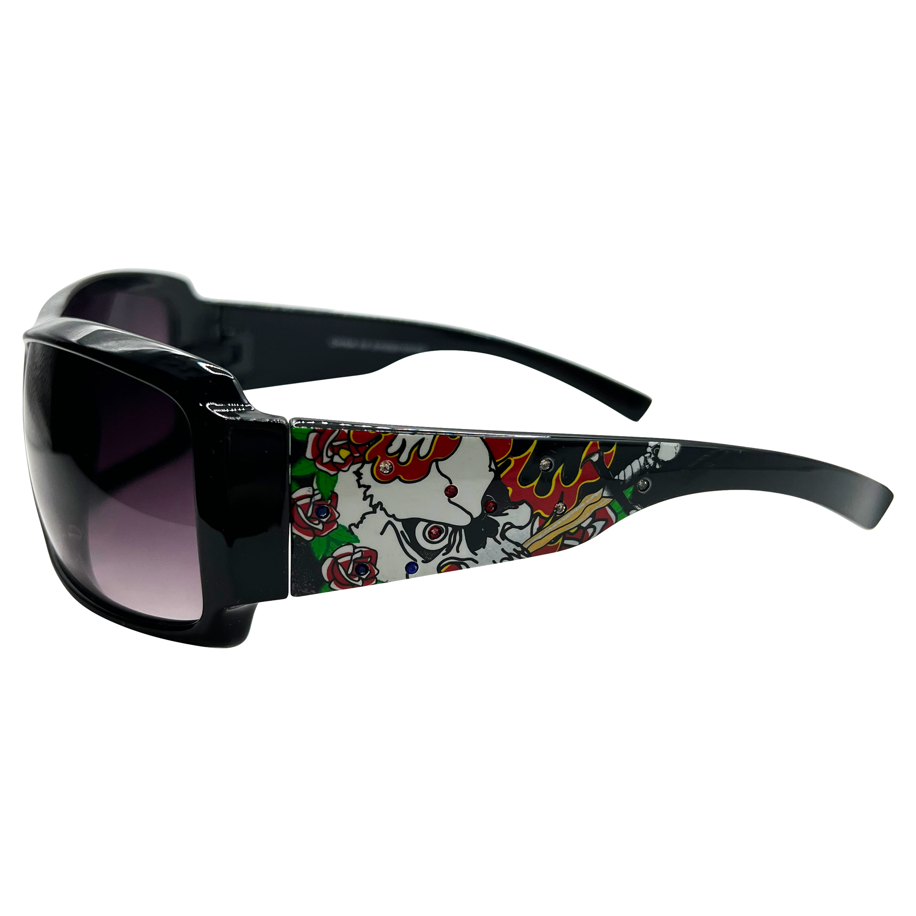TATTED BEDAZZLED Sporty Y2K Tattoo Art Sunglasses: Black/Smoke Sword Skull
