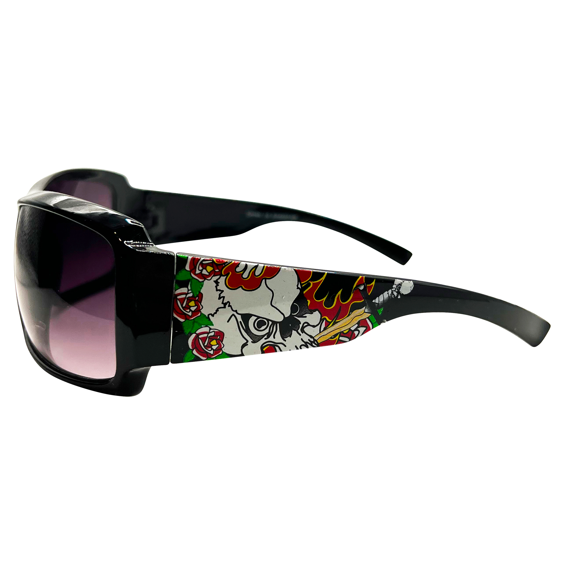 TATTED Sporty Y2K Tattoo Art Sunglasses: Black/Smoke Sword Skull