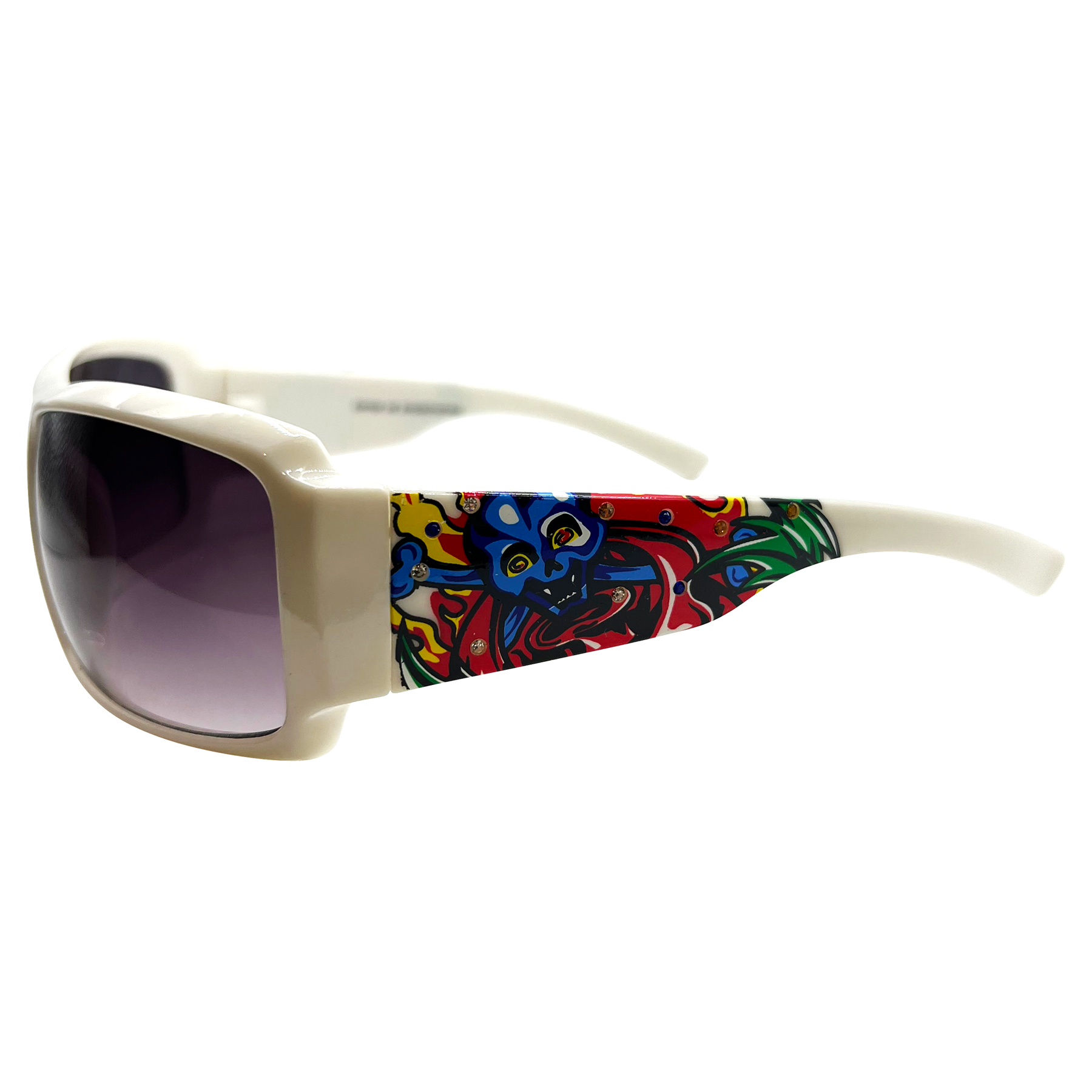 TATTED BEDAZZLED Sporty Y2k Sunglasses: White/Smoke Blue Skull