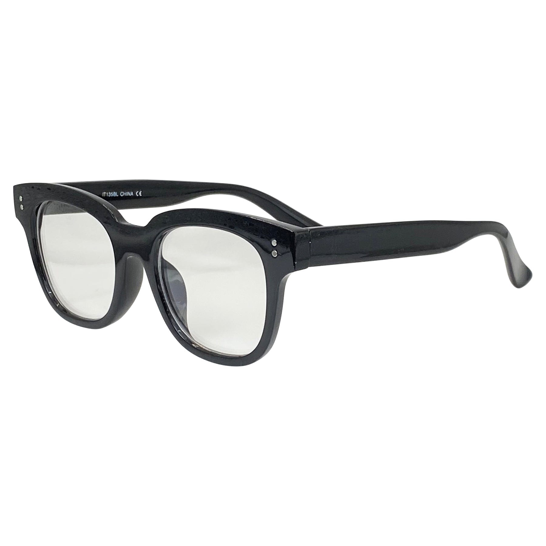black color glasses with a clear blueblocker lens 