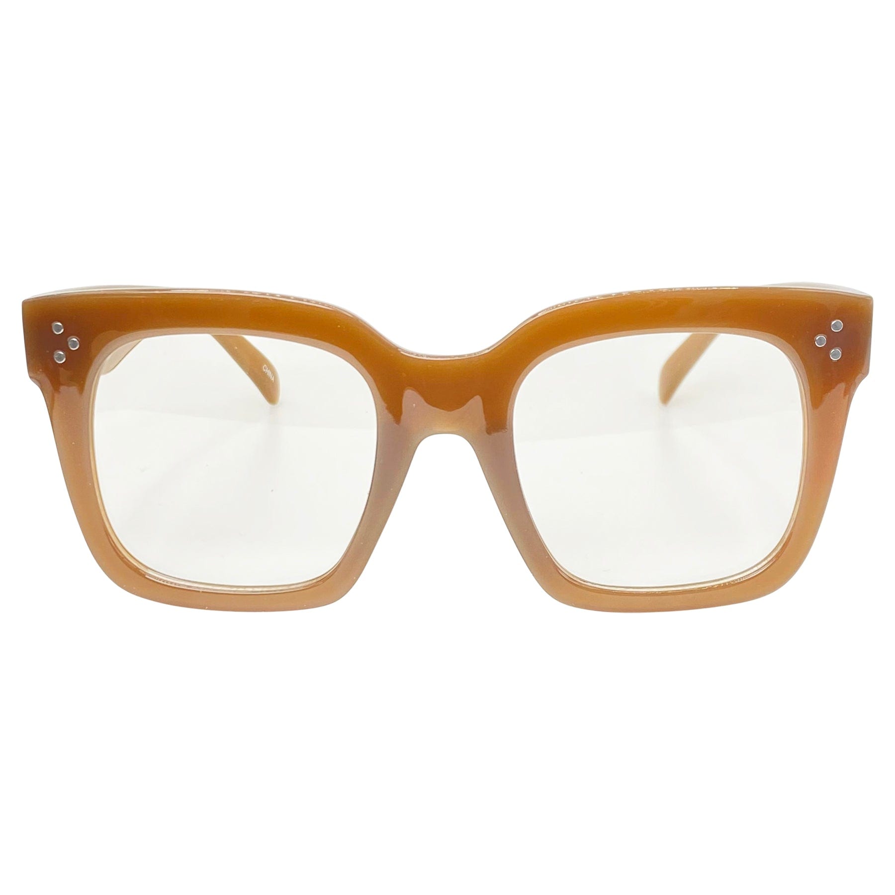 clear glasses men and women with a square brown frame 