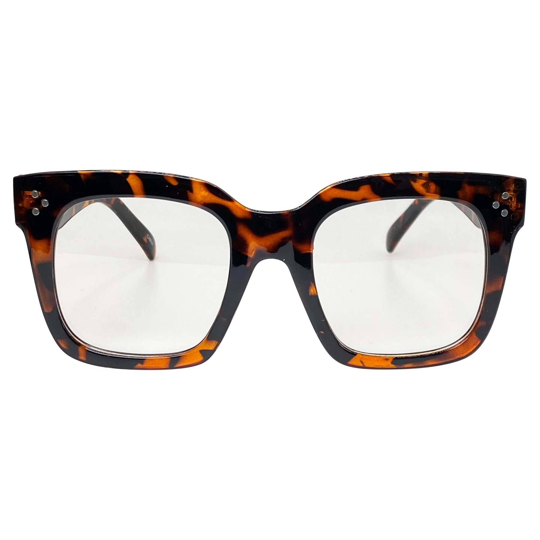 tortoise color glasses with a chunky square frame and clear lens
