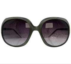 Oversized sunglasses with a dark olive green frame and gradient gray lenses, shown against a plain white background.